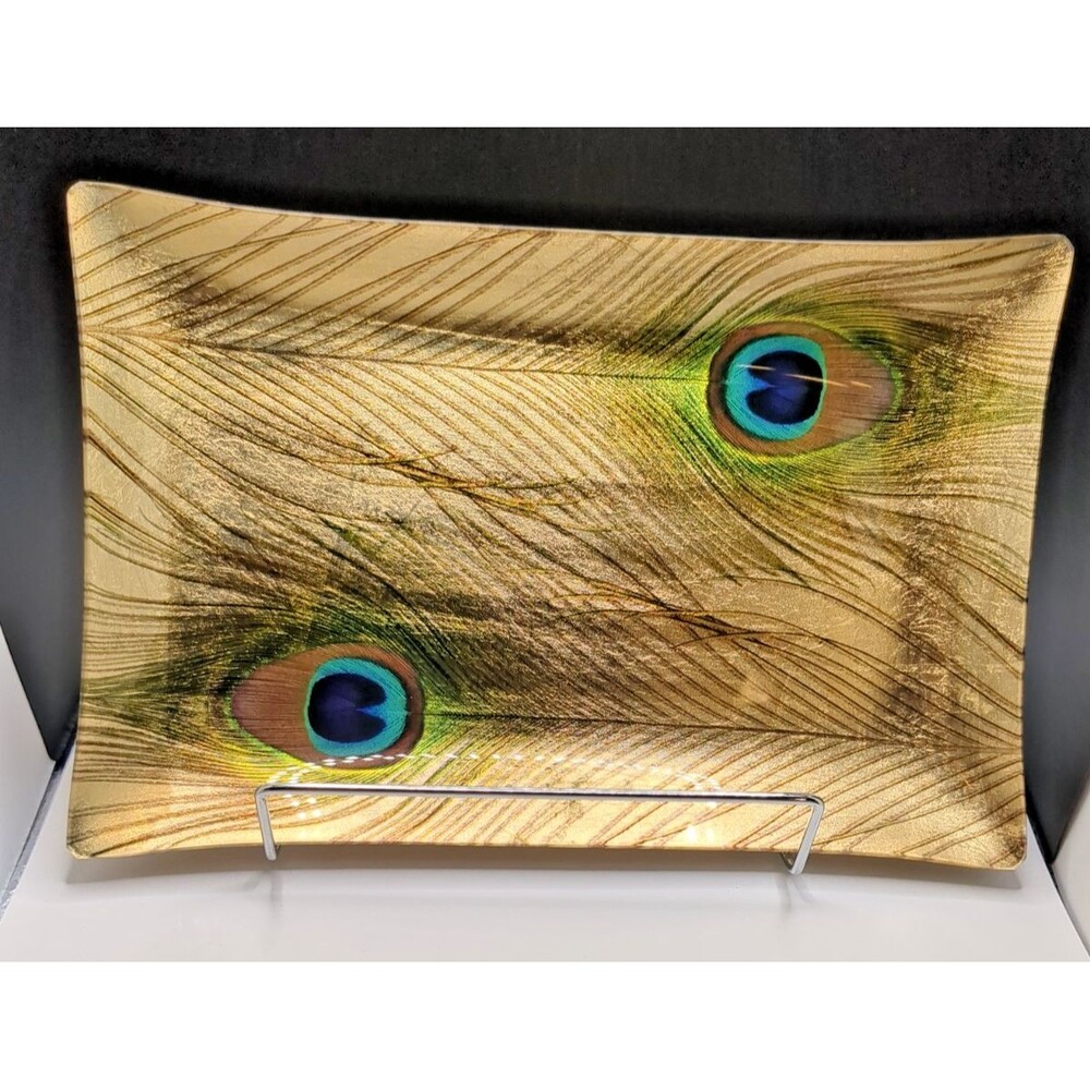 Gold Foil Peacock Tray by Fringe – 10” x 6.5” – Glass Vanity / Decor Tray
